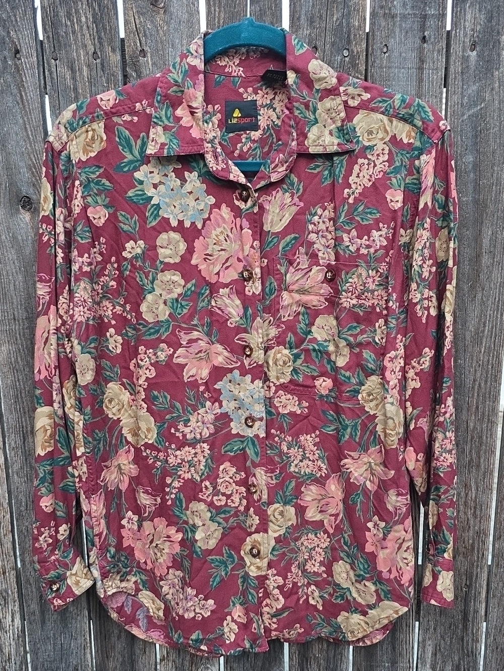 Lizsport Vintage Maroon Floral Button-Down Shirt